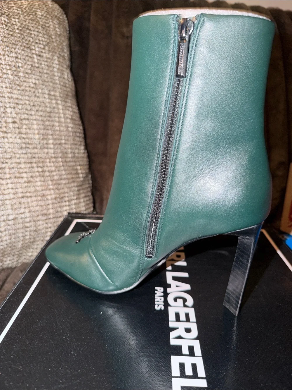 Karl Lagerfeld Dark Teal‎ Leather Square Toe Ankle Boots